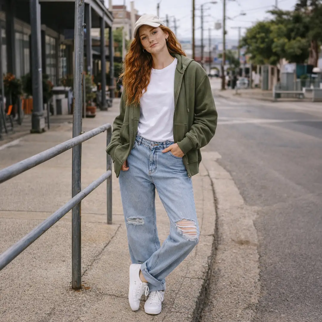 Yırtık Detay Geniş Kesim Mavi Kot Pantolon