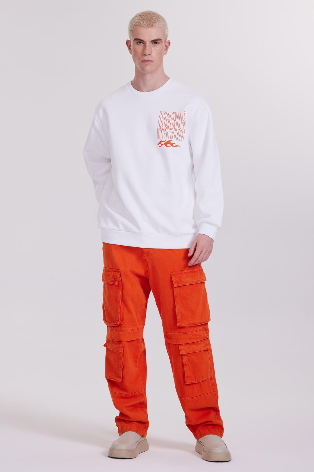 Önü ve Arkası Baskılı Beyaz Erkek Oversize Sweatshirt