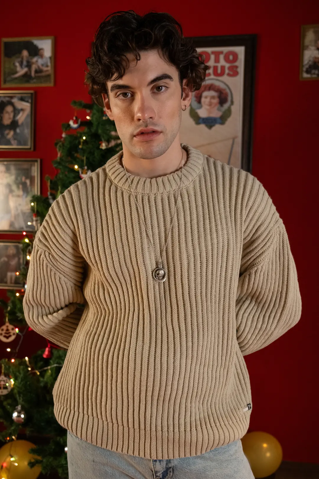 Bisiklet Yaka Bej Örme Kazak