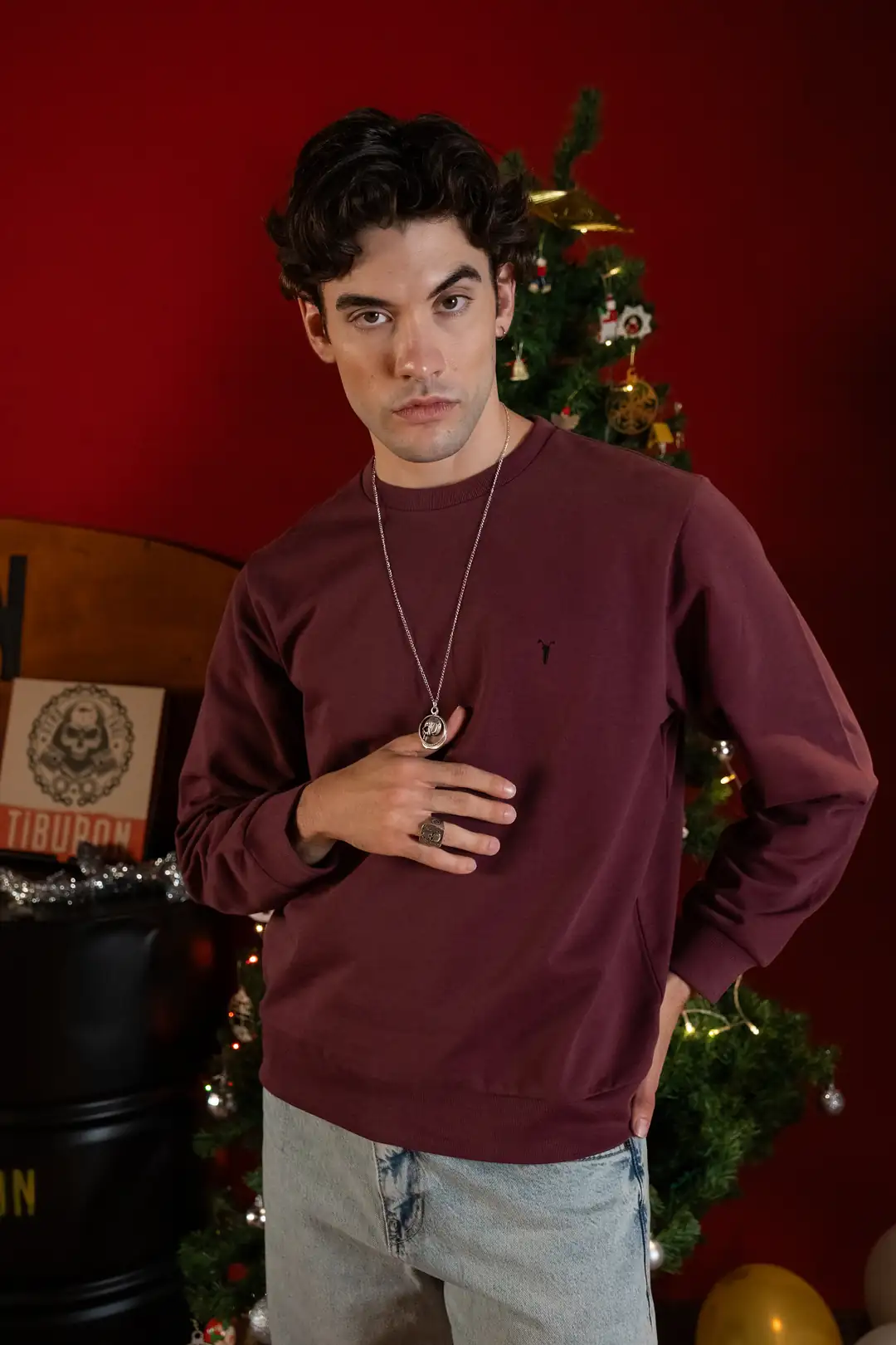 Bisiklet Yaka Bordo Sweatshirt