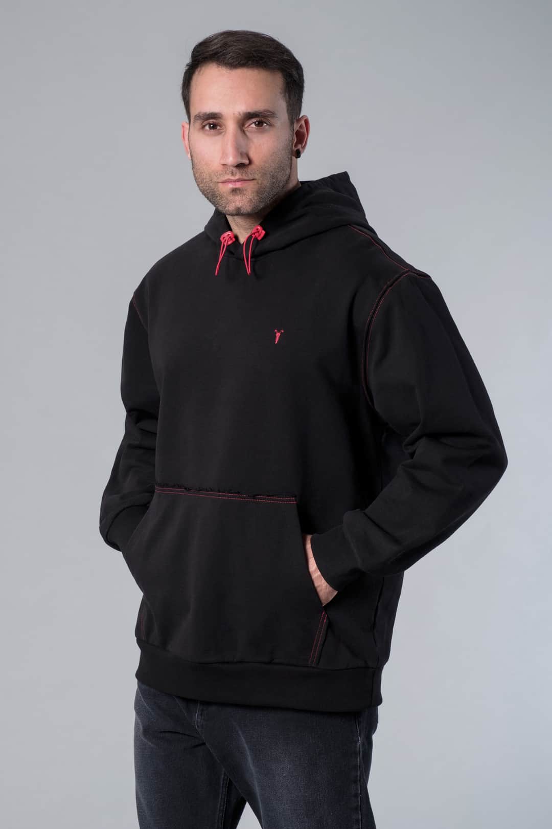 Nakış Detaylı Siyah Oversize Hoodie