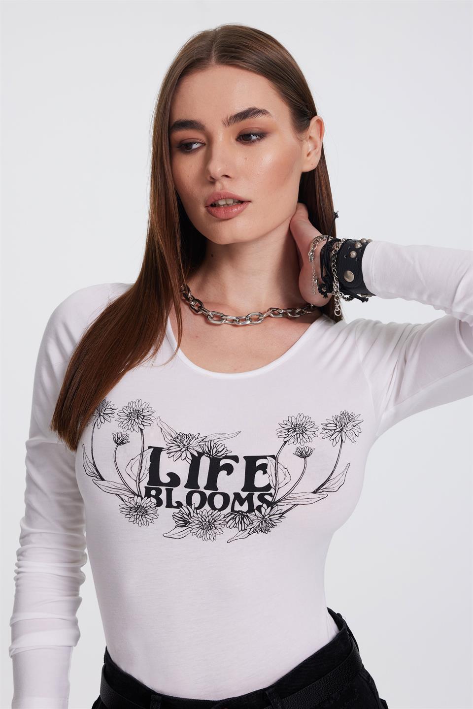 Baskılı Kadın Beyaz Uzun Kollu Body
