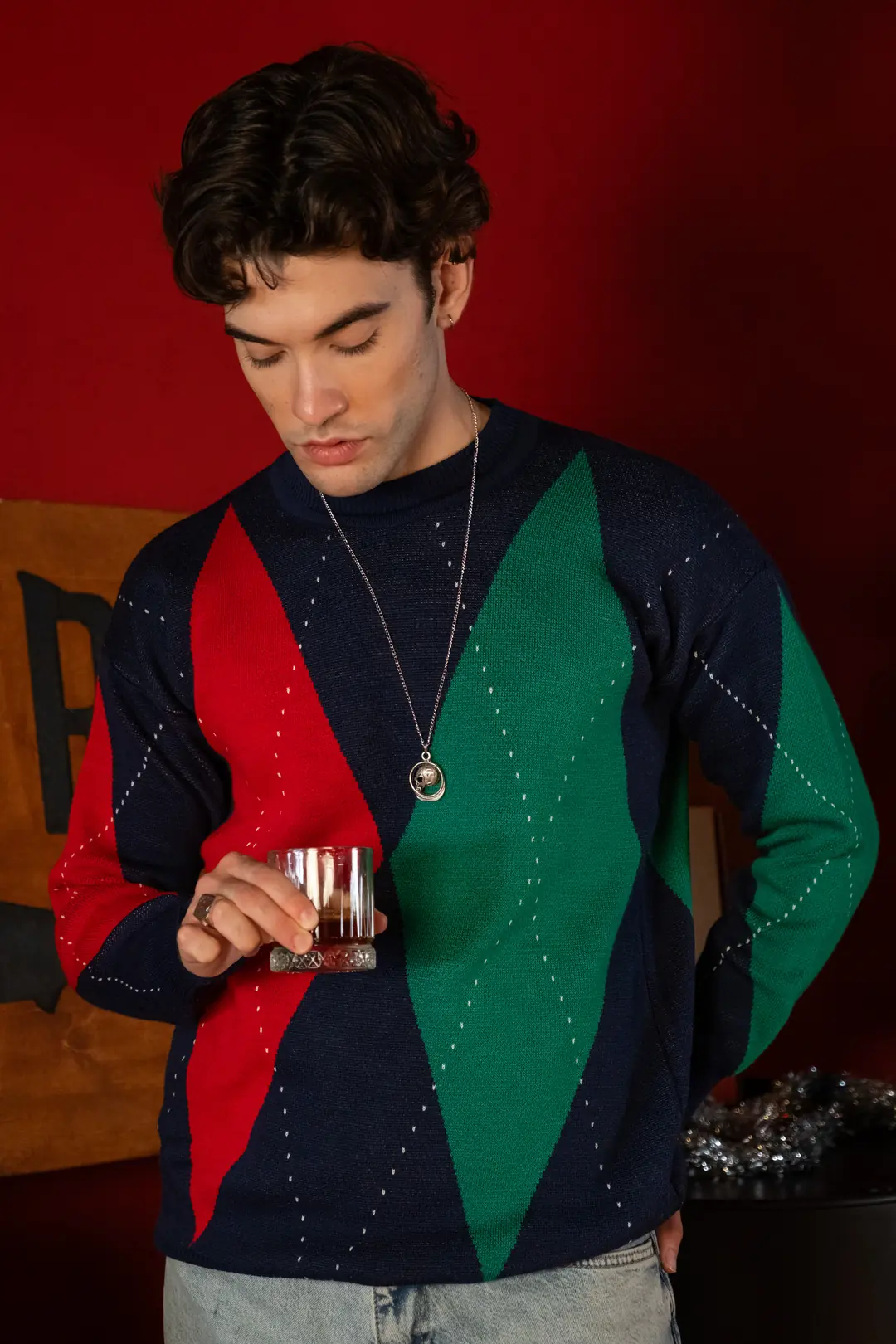 Baklava Desenli Lacivert Örme Kazak