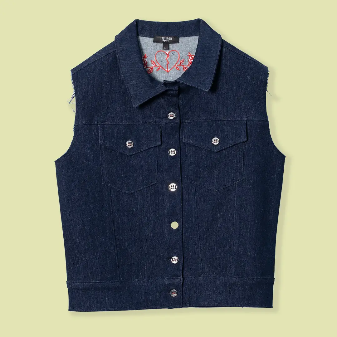 Nakış Detaylı Lacivert Kadın Kot Yelek