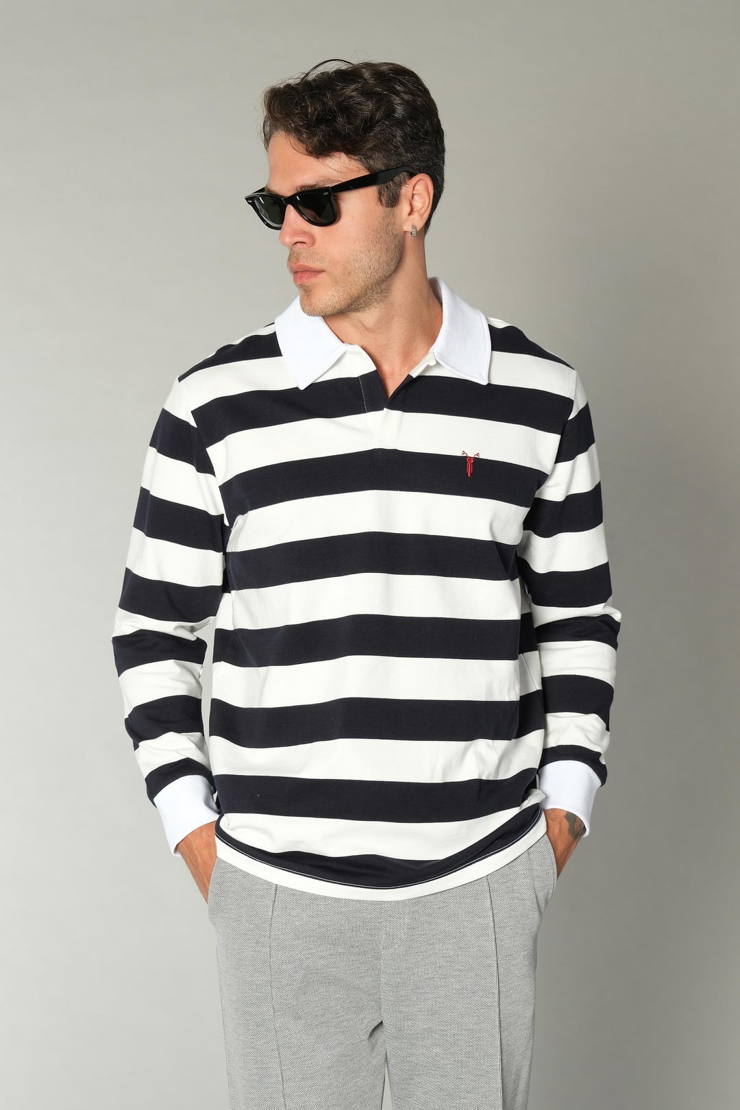 Çizgili Uzun Kollu Polo Yaka Tshirt