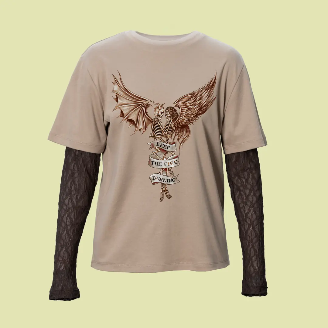 Baskılı Dantel Kol Detaylı Bej Tişört