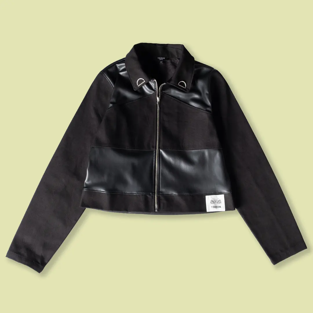 Kadın Siyah Deri Detaylı Kanvas Crop Ceket