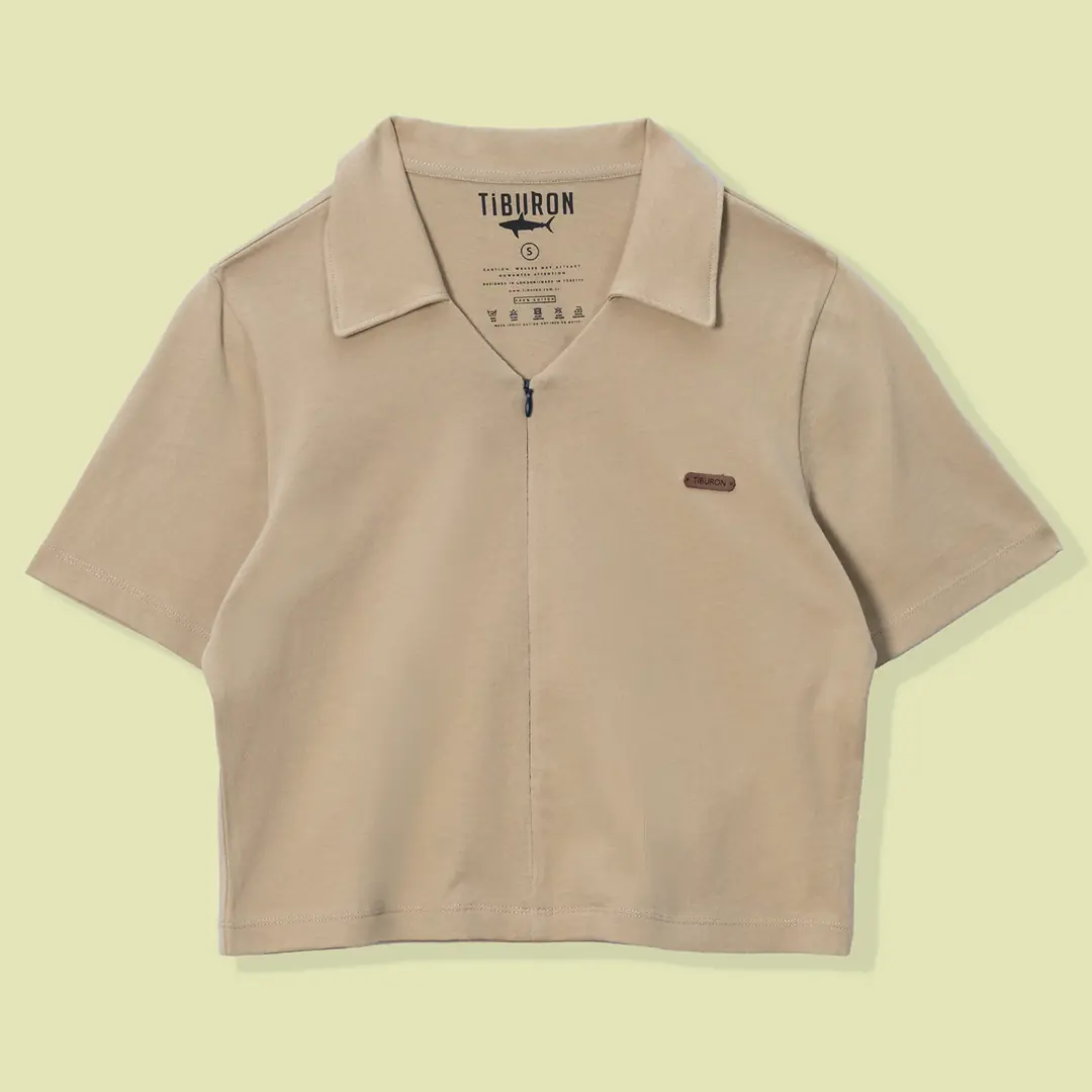 Bej Fermuarlı Polo Yaka Tişört