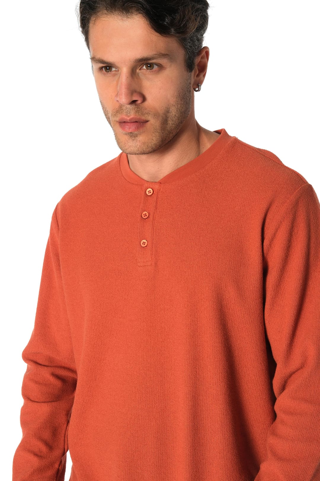 Kiremit Düğmeli Uzun Kollu Tshirt