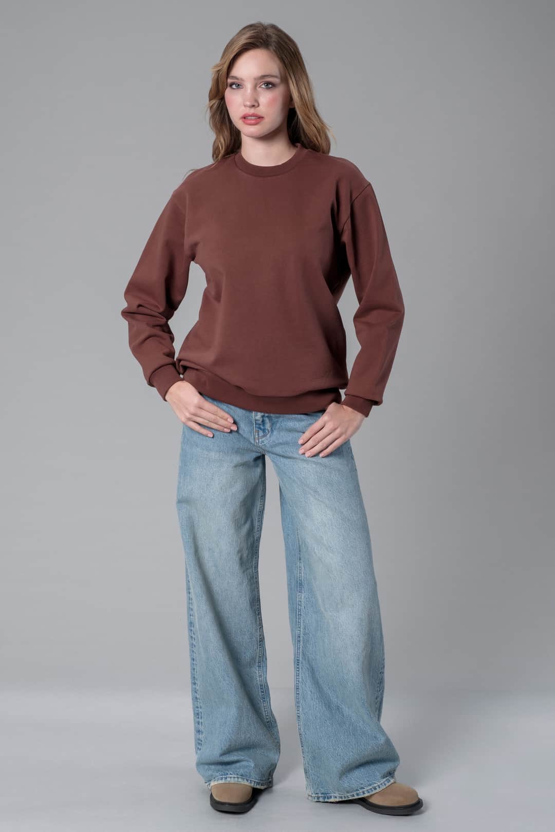 Kahverengi Bisiklet Yaka Sweatshirt