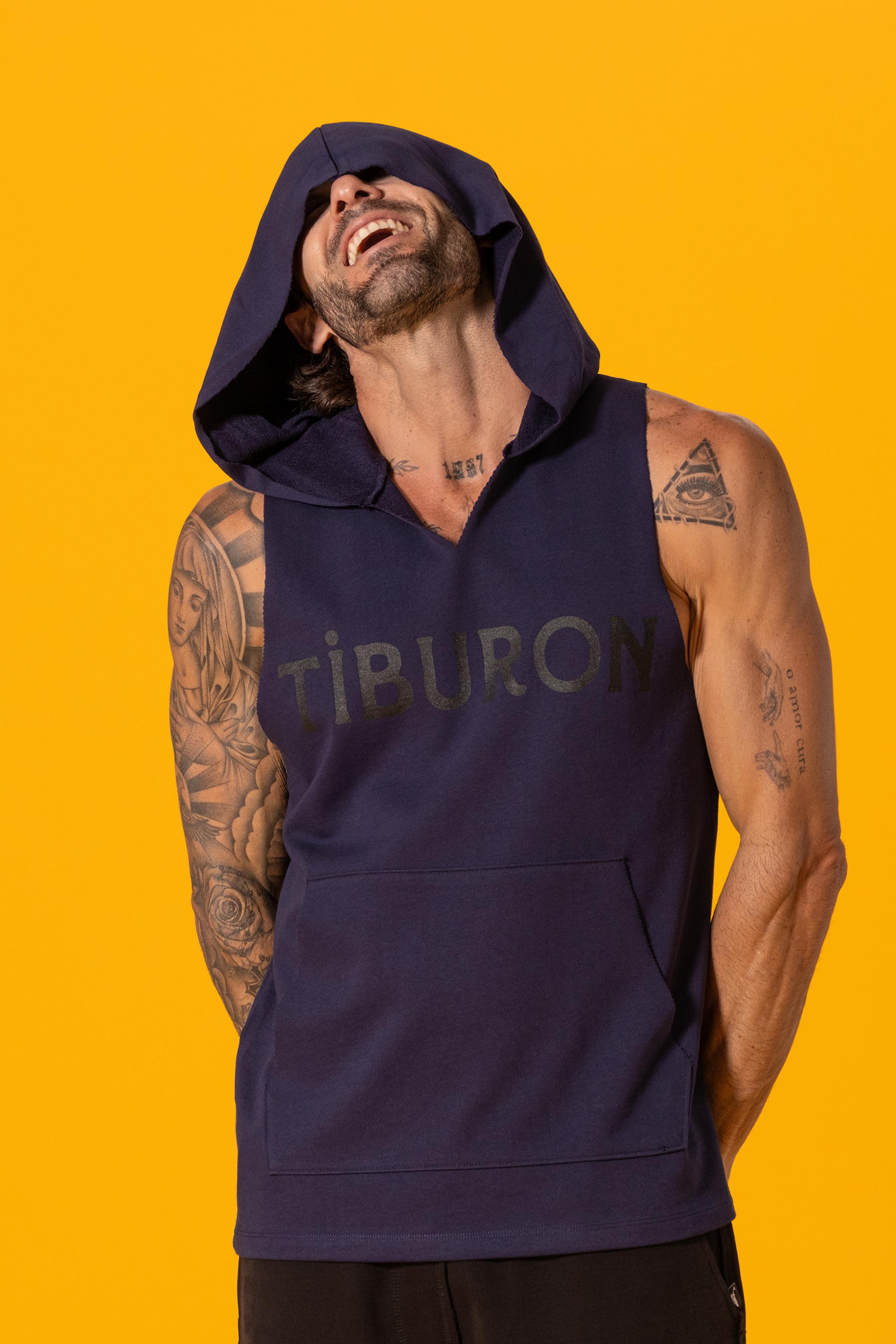 Tiburon Baskılı Lacivert Kapüşonlu Kolsuz Sweatshirt