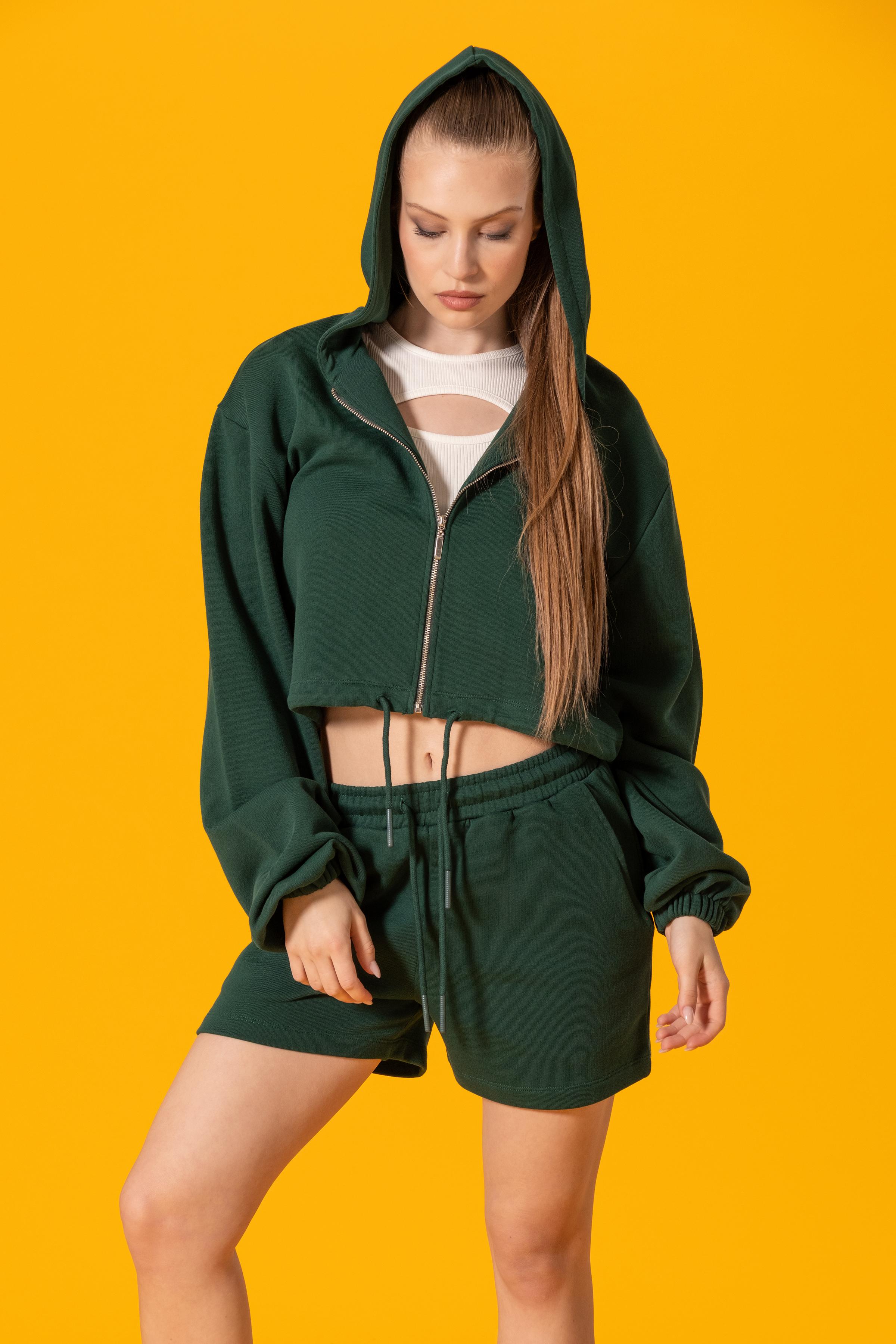 Fermuarlı Kapüşonlu Crop Sweatshirt