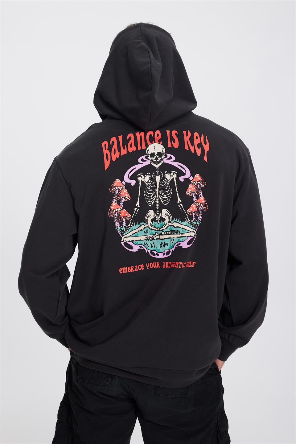 Baskılı Kapüşonlu Erkek Antrasit Oversize Hoodie