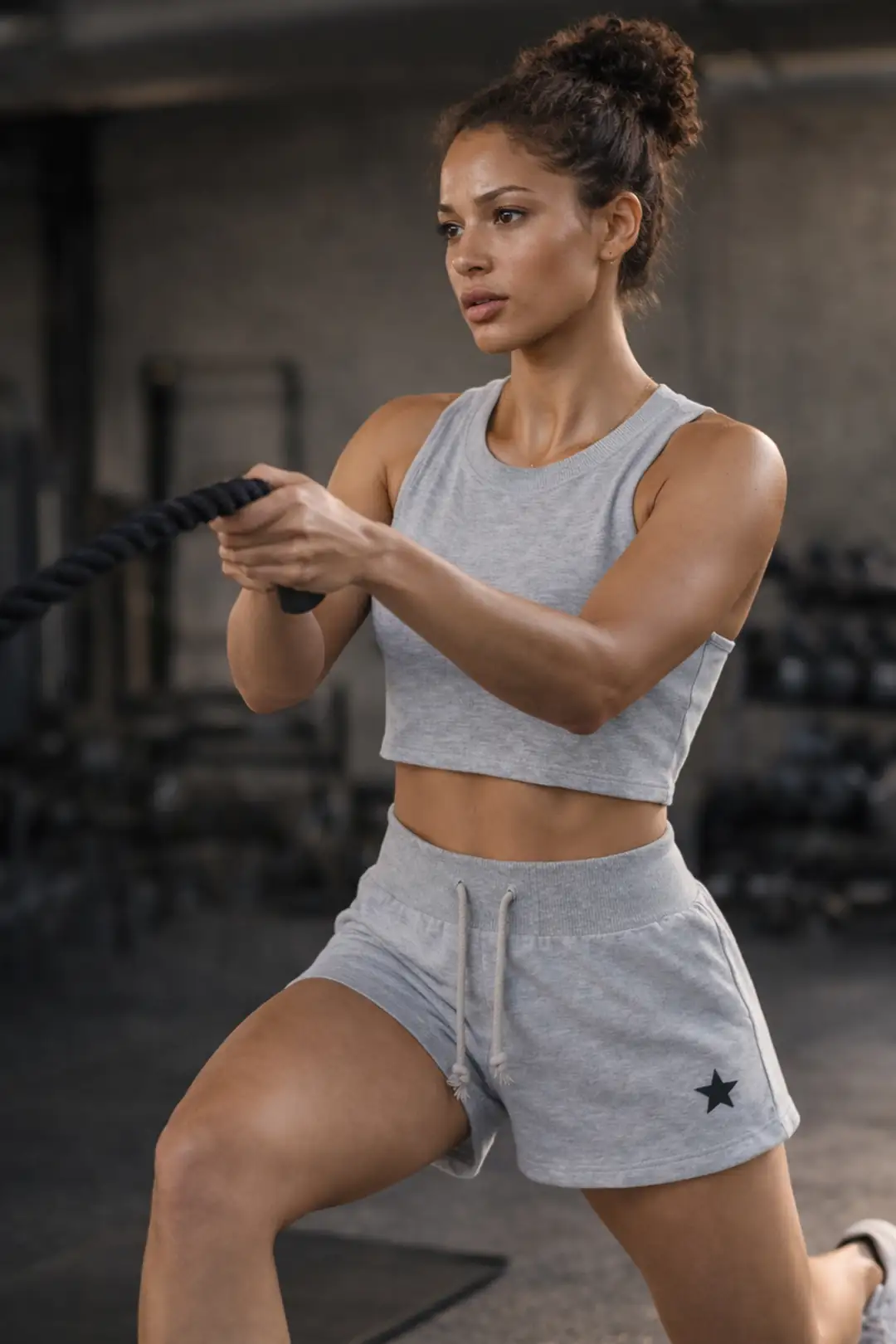 Kadın Gri Melanj Nakış Detaylı Şort