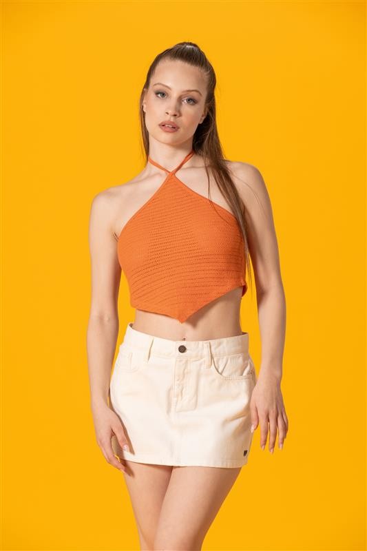 Boyundan Bağlamalı Turuncu Crop Top