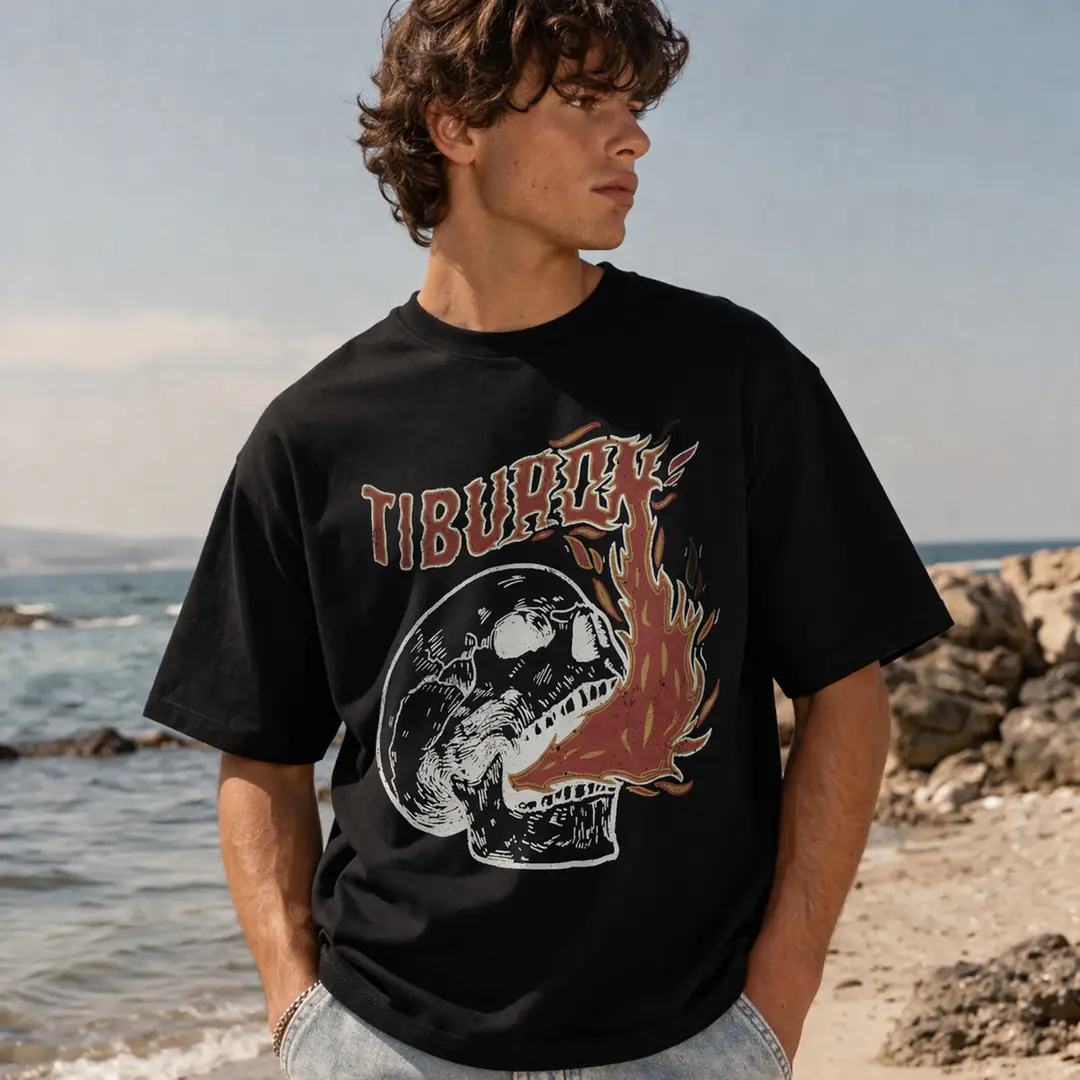 Tiburon Baskılı Erkek Siyah Regular Tişört