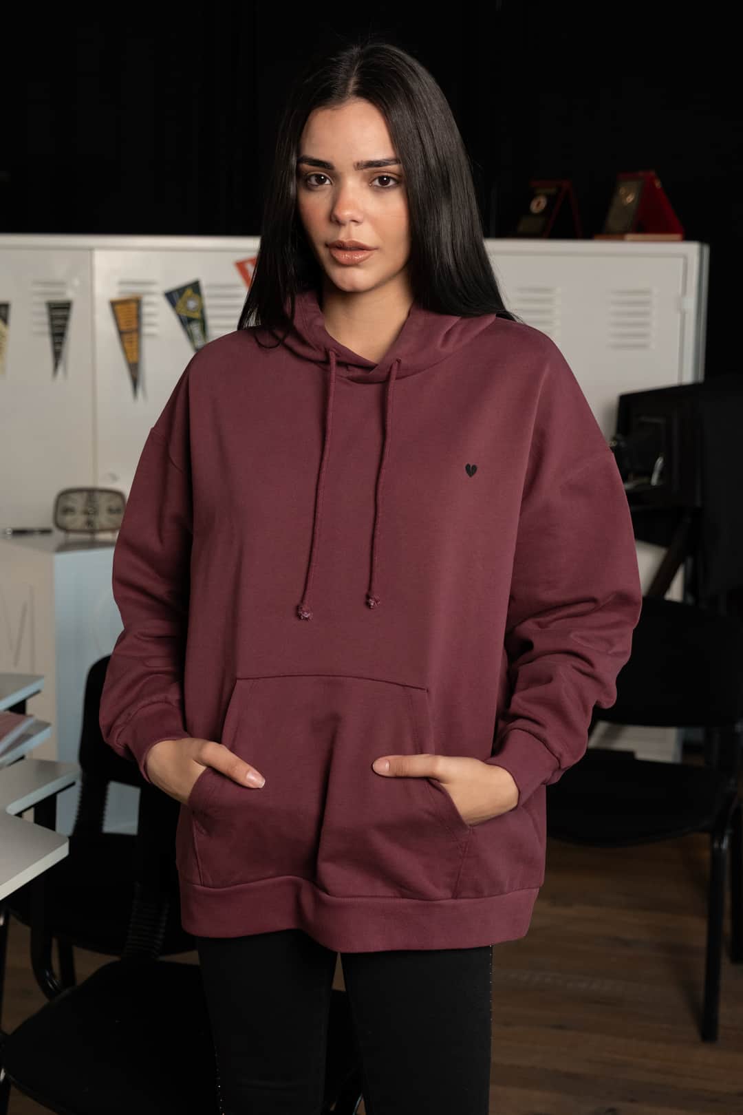 Bordo Kapüşonlu Nakışlı Hoodie