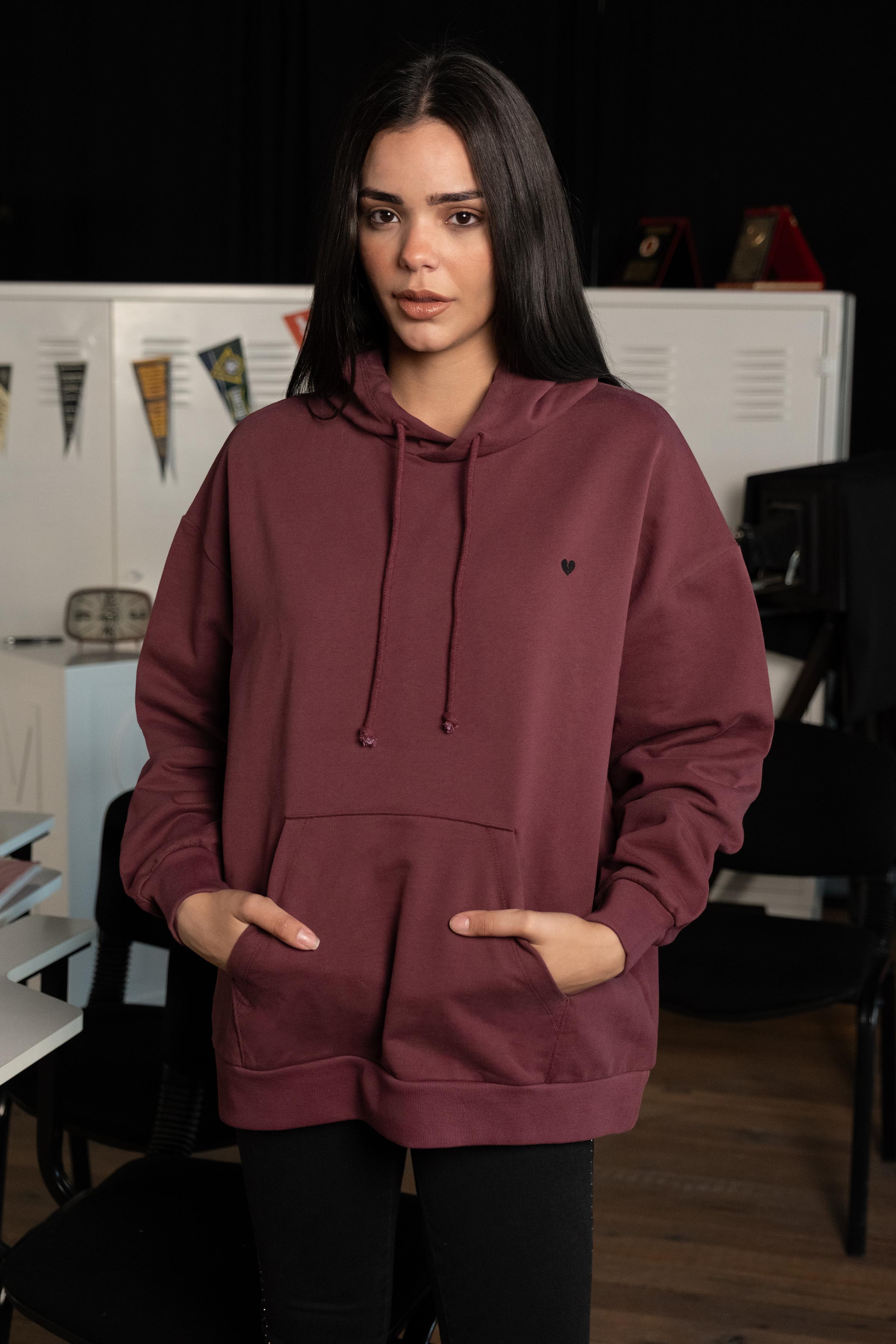 Bordo Kapüşonlu Nakışlı Hoodie