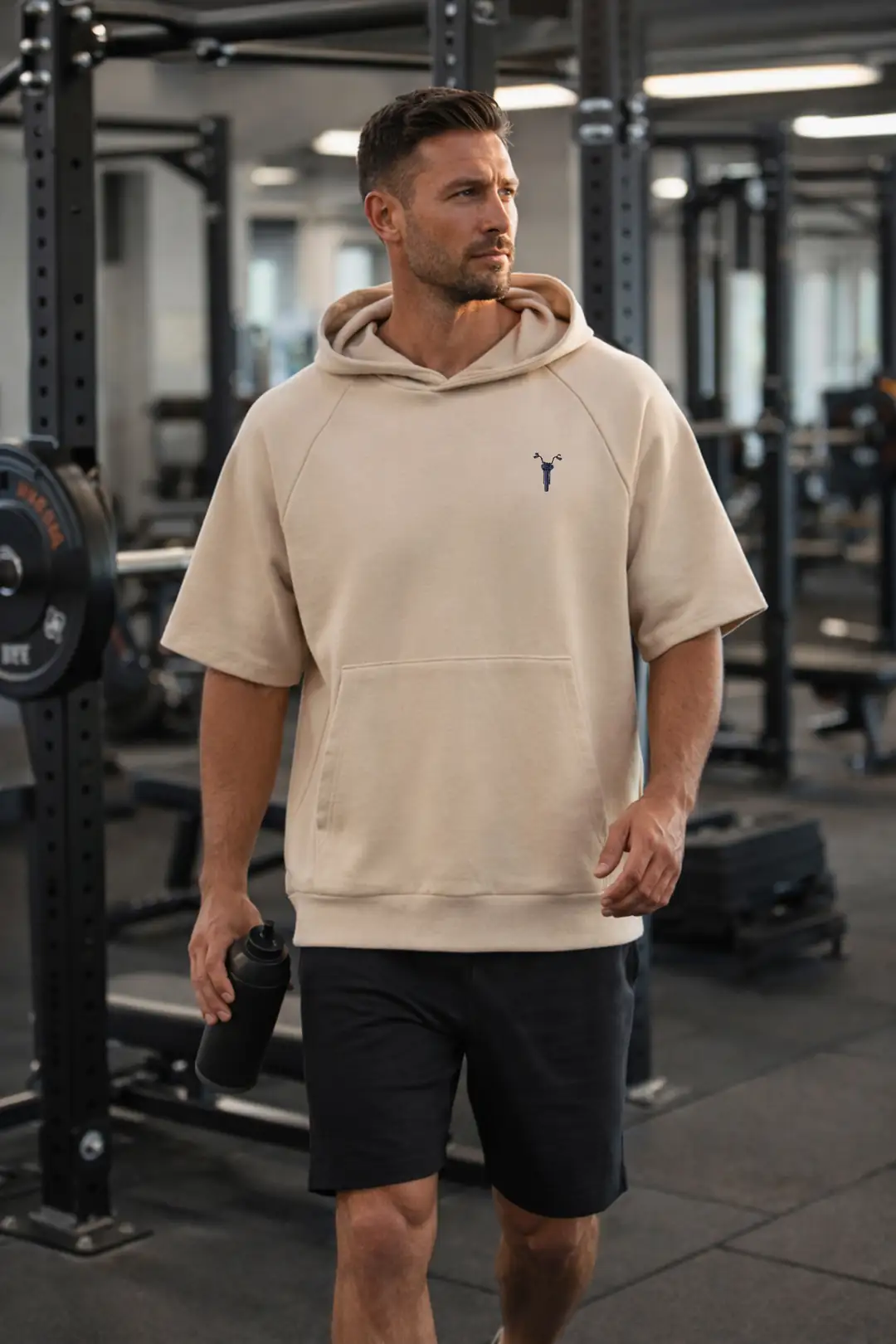 Erkek Bej Kapüşonlu Kısa Kollu Hoodie