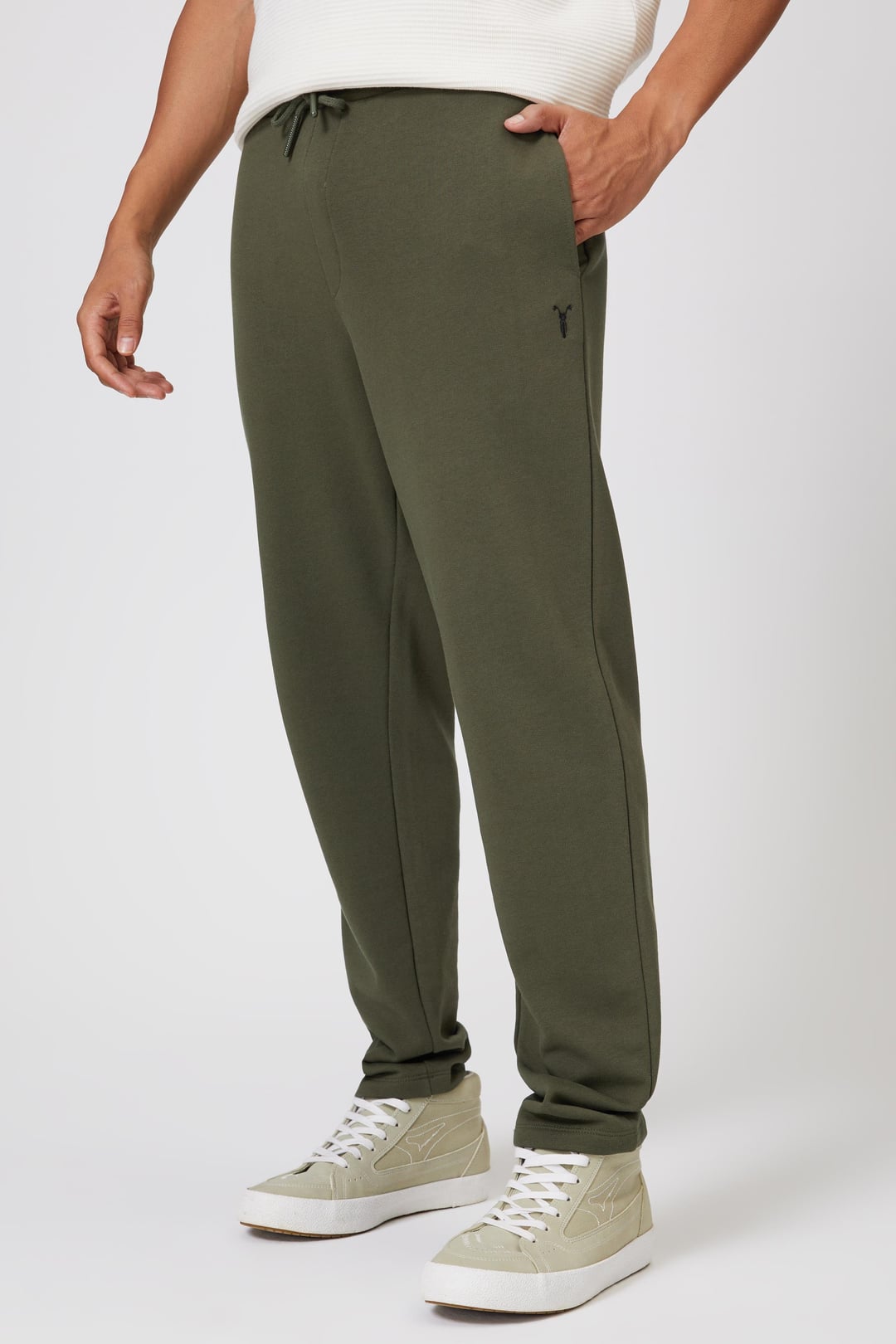 Düz Paça Nakışlı Pamuklu Haki Jogger Pantolon