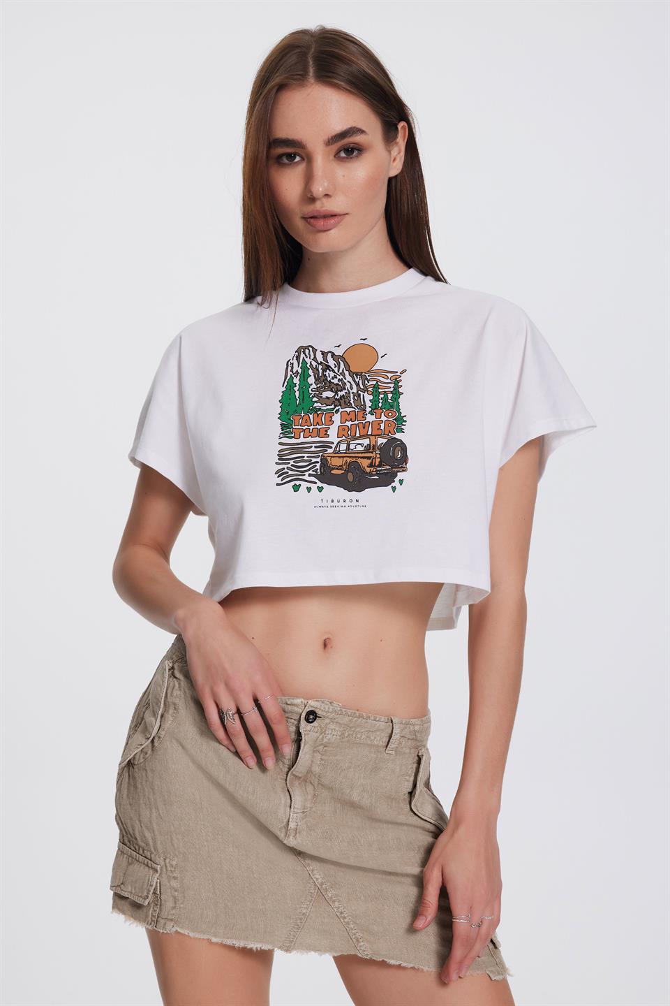 Beyaz Baskılı Kadın Crop Tişört