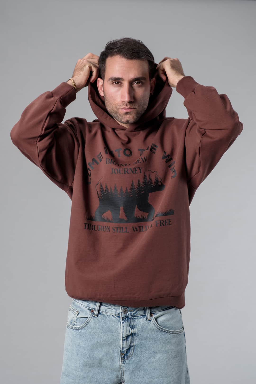 Baskılı Kahverengi Oversize Hoodie