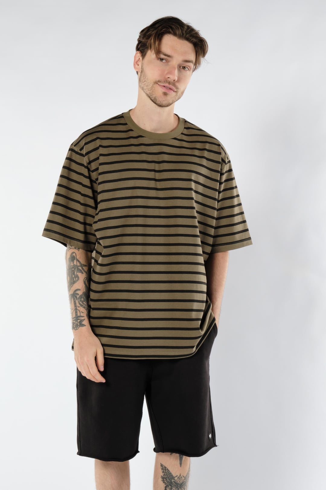 Haki Çizgili Erkek Oversize Tişört