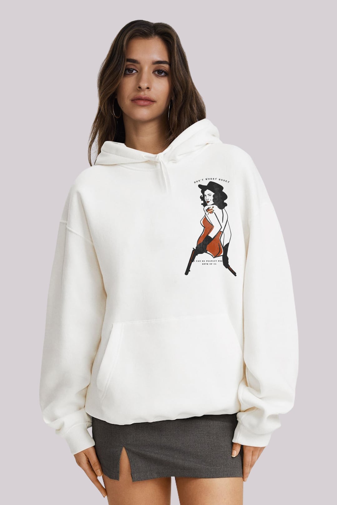 Küçük Baskılı Ekru Kadın Kapüşonlu Hoodie
