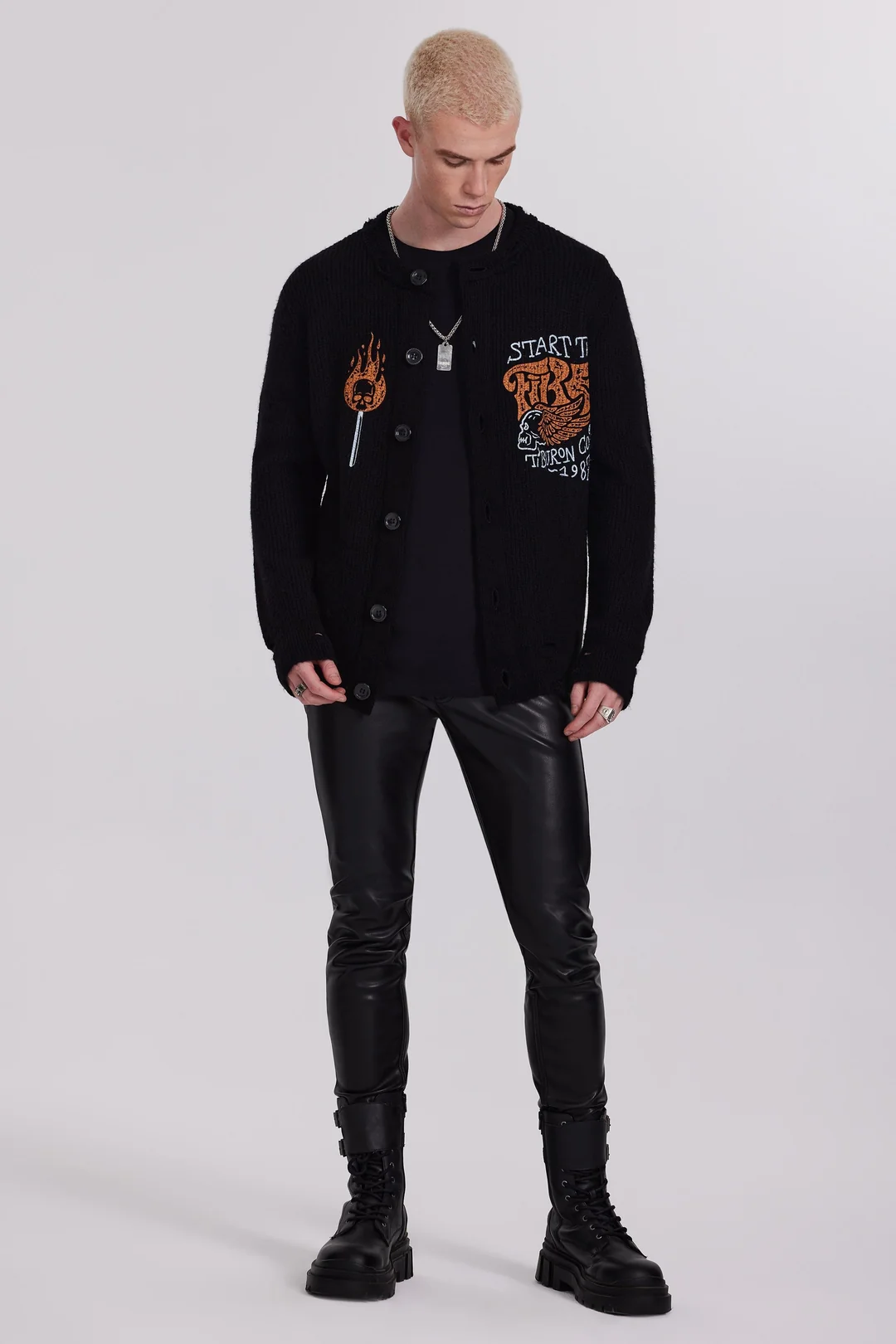 Baskılı Siyah Erkek Triko Hırka