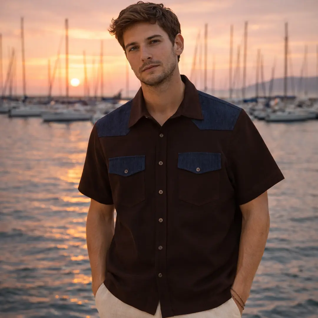 Denim Detaylı Erkek Kısa Kollu Gömlek