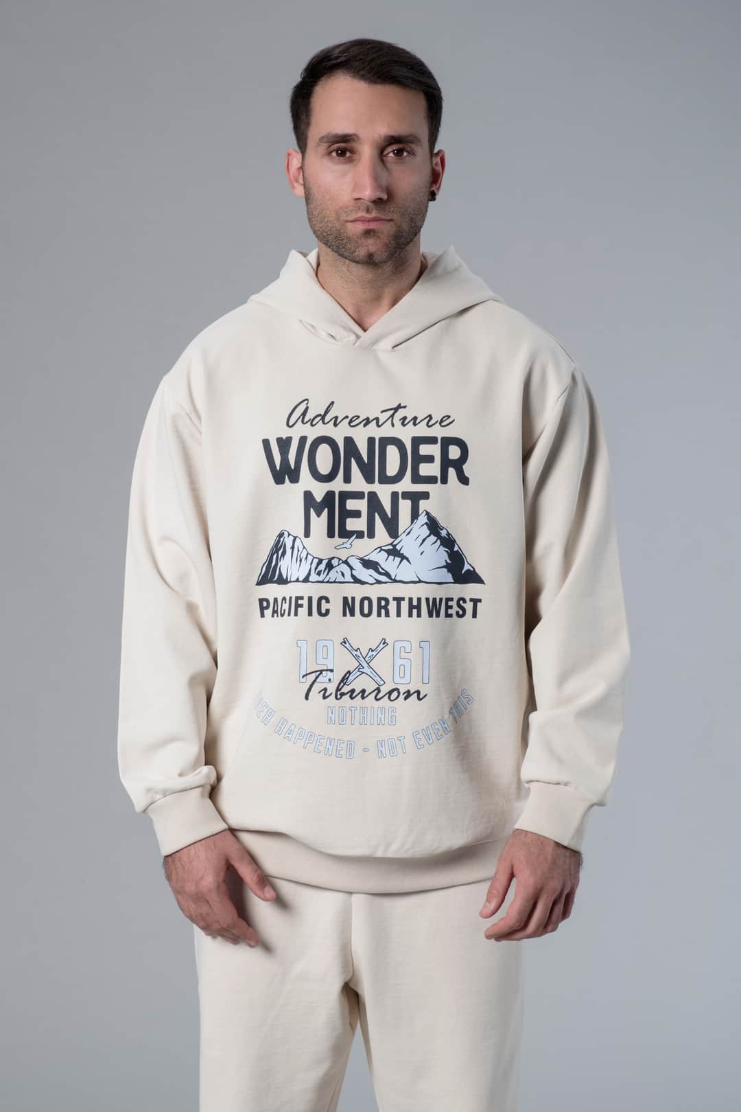 Kapüşonlu Baskılı Ekru Oversize Hoodie