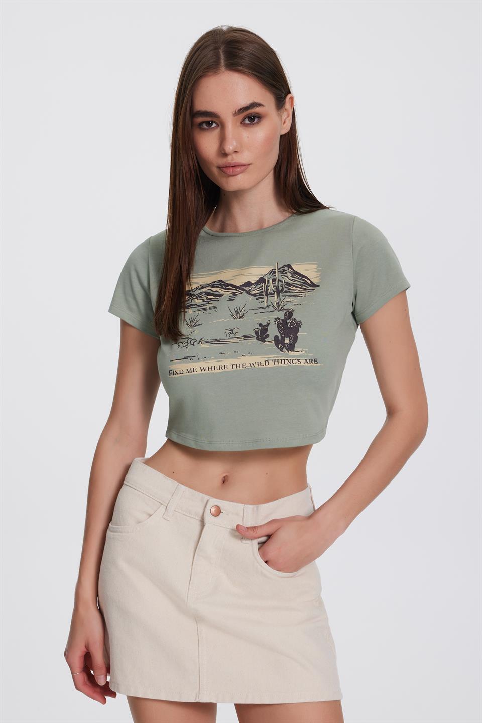Kadın Yeşil Kısa Kollu Yeşil Crop Top