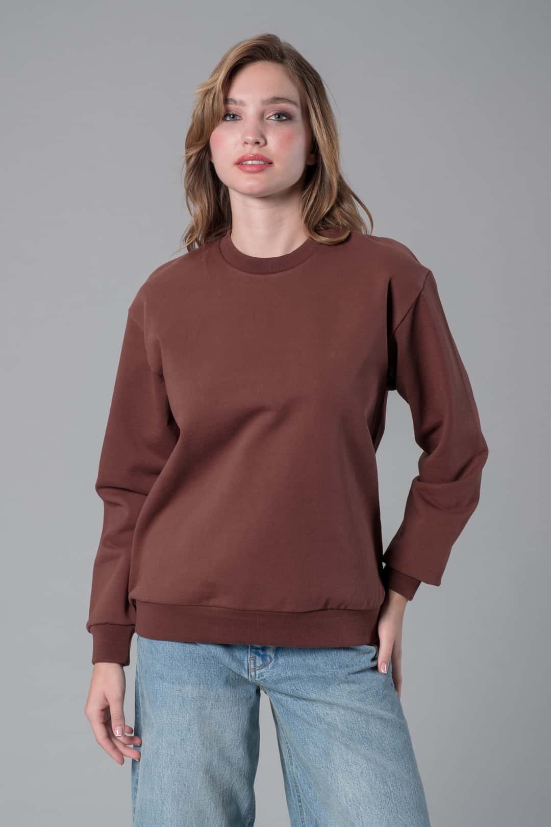 Kahverengi Bisiklet Yaka Sweatshirt