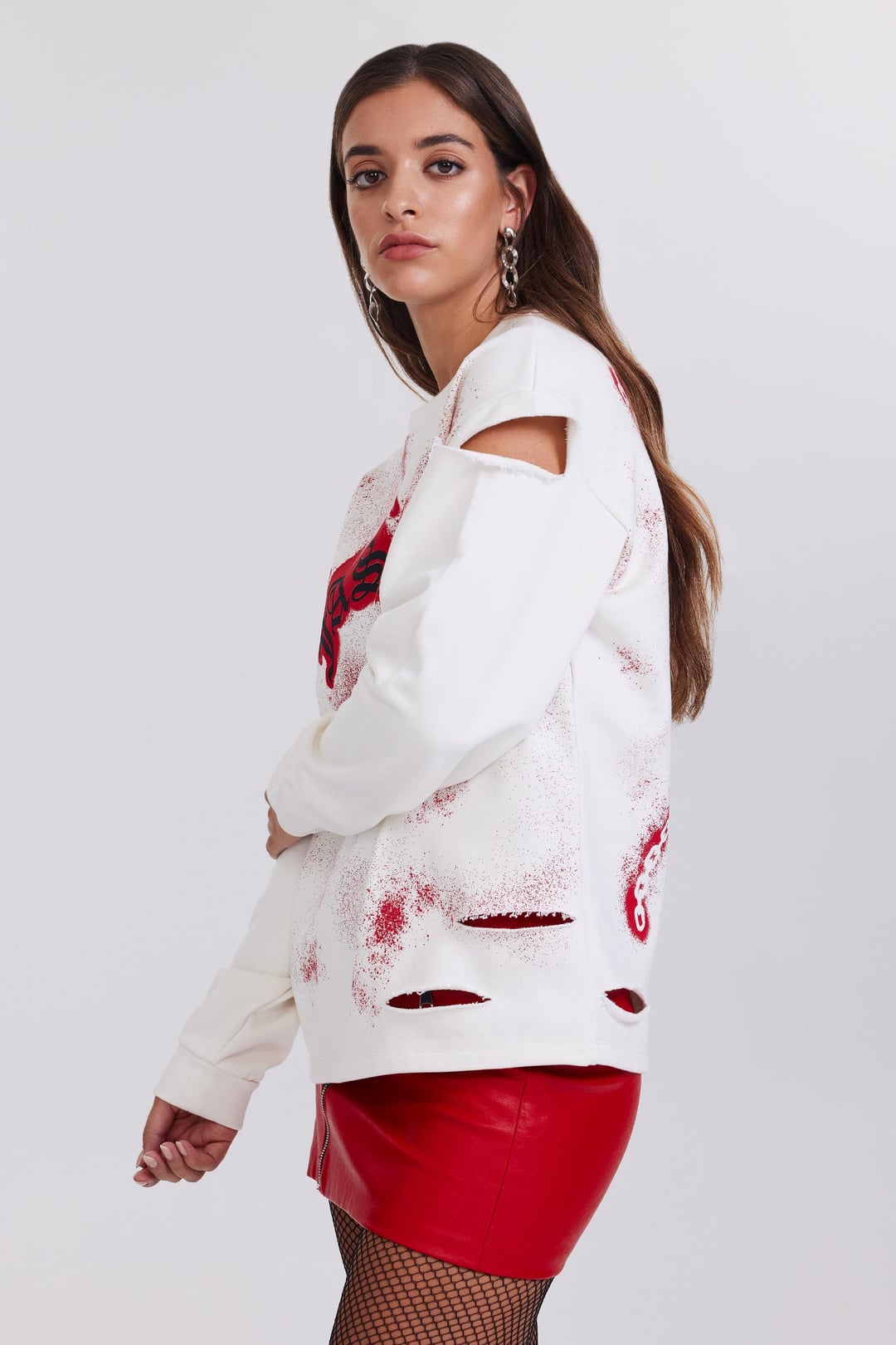 Kesik Detaylı Baskılı Kadın Beyaz Sweatshirt