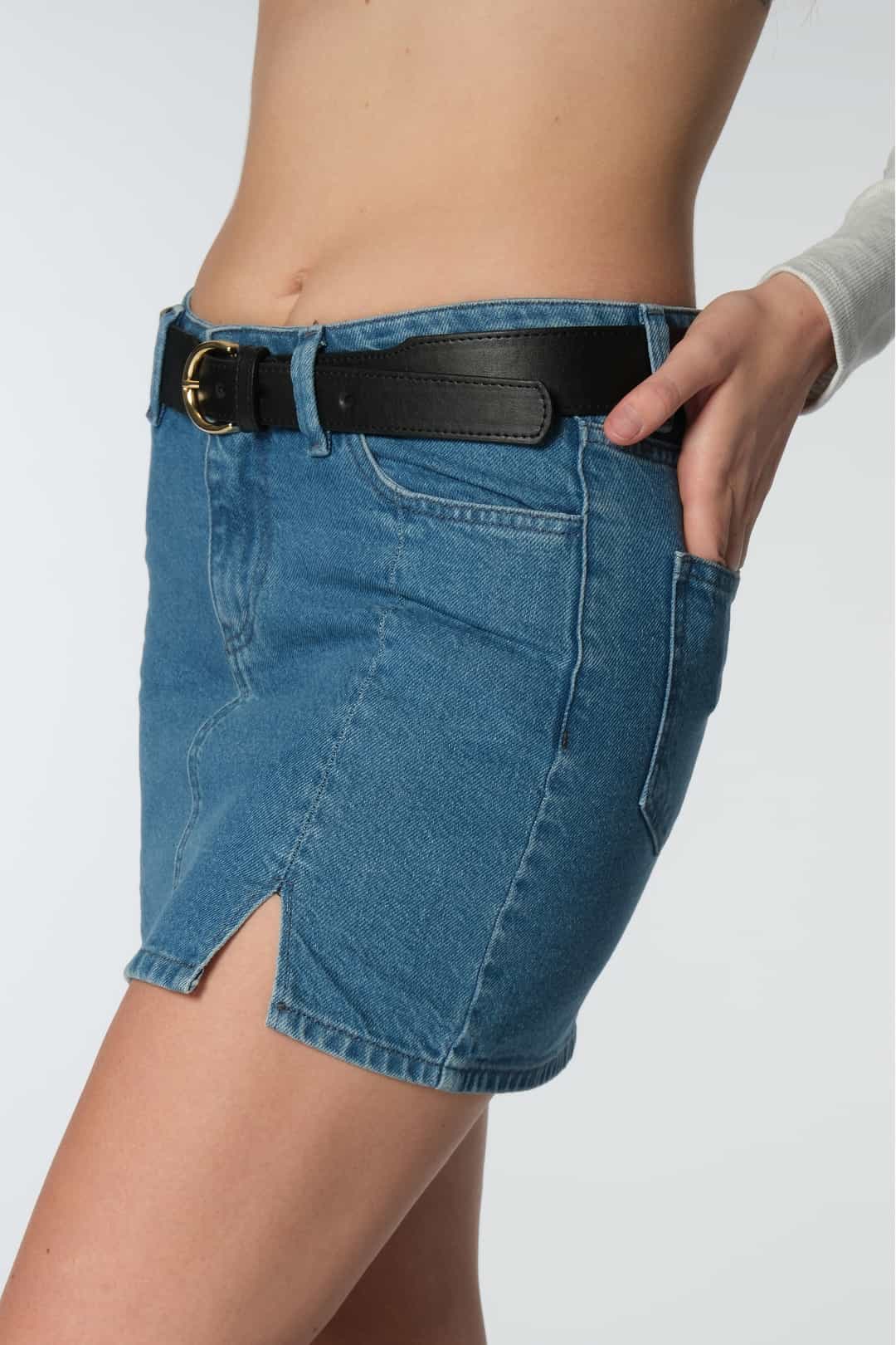 Lacivert Yırtmaç Detaylı Denim Etek