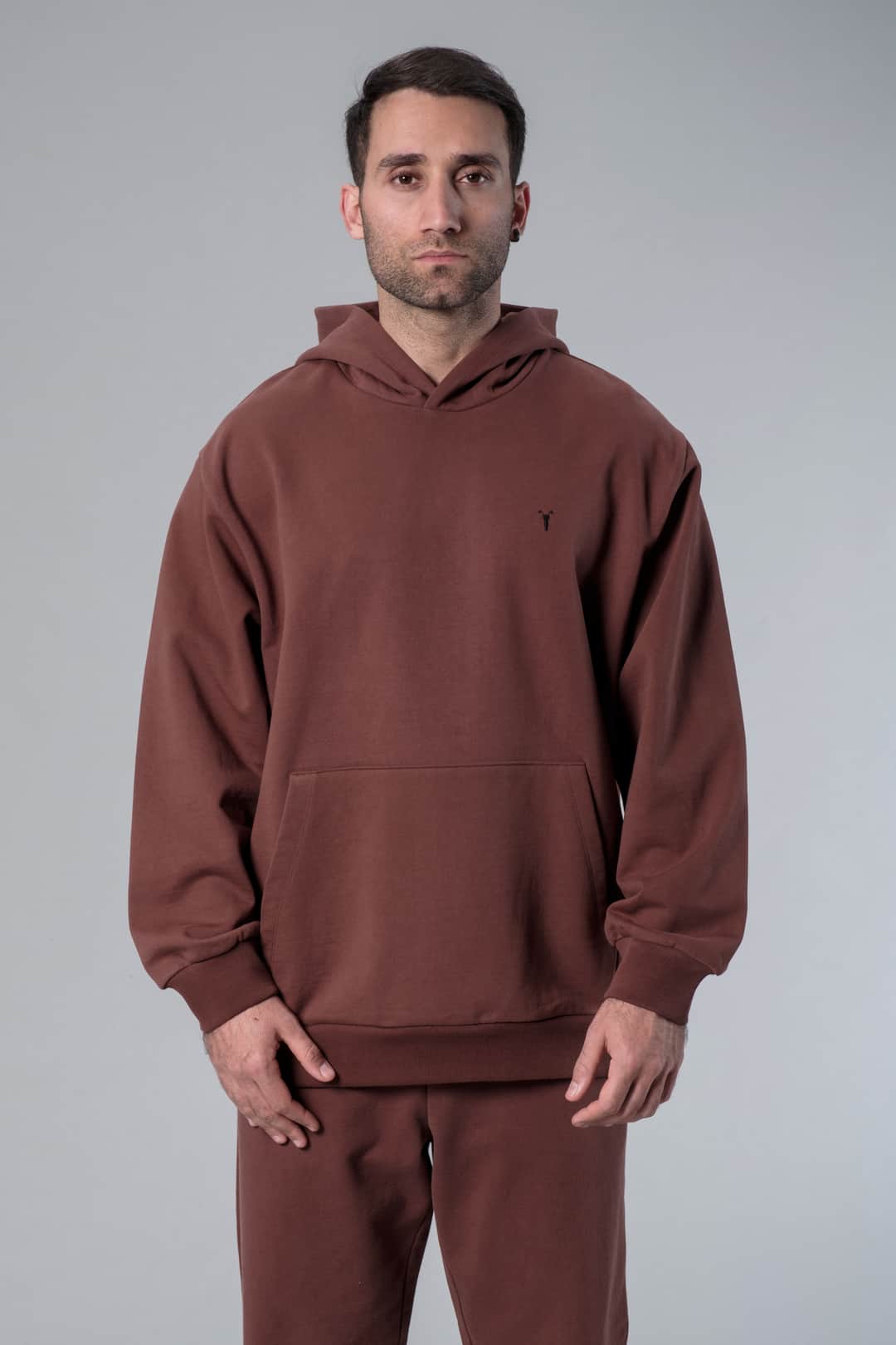 Nakış Detaylı Kahverengi Oversize Hoodie