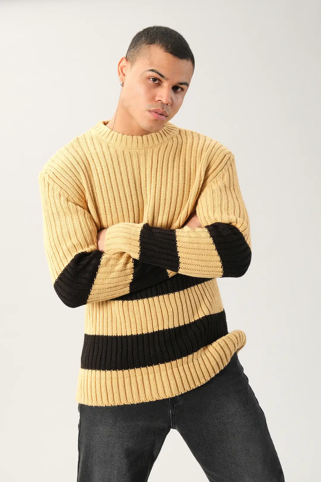 Deve Tüyü Çizgili Bisiklet Yaka Kazak