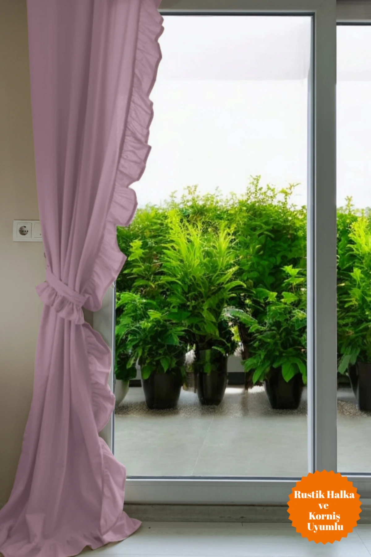 Fırfırlı Pembe Renk Vintage Keten Perde (EN X BOY) - Tek Kanat - Bağcık Hediyeli