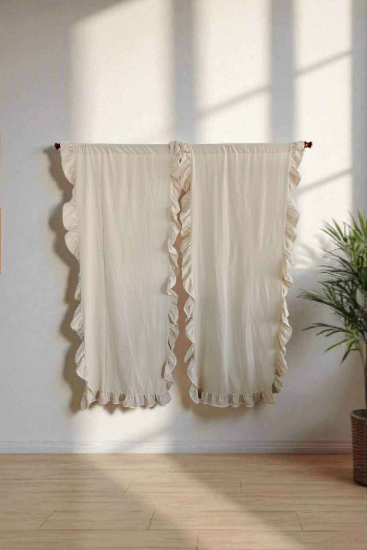 3 kenar Fırfırlı RUSTİK BORU Bej Vintage Keten Perde - Bağcık Hediyeli - (EN X BOY)