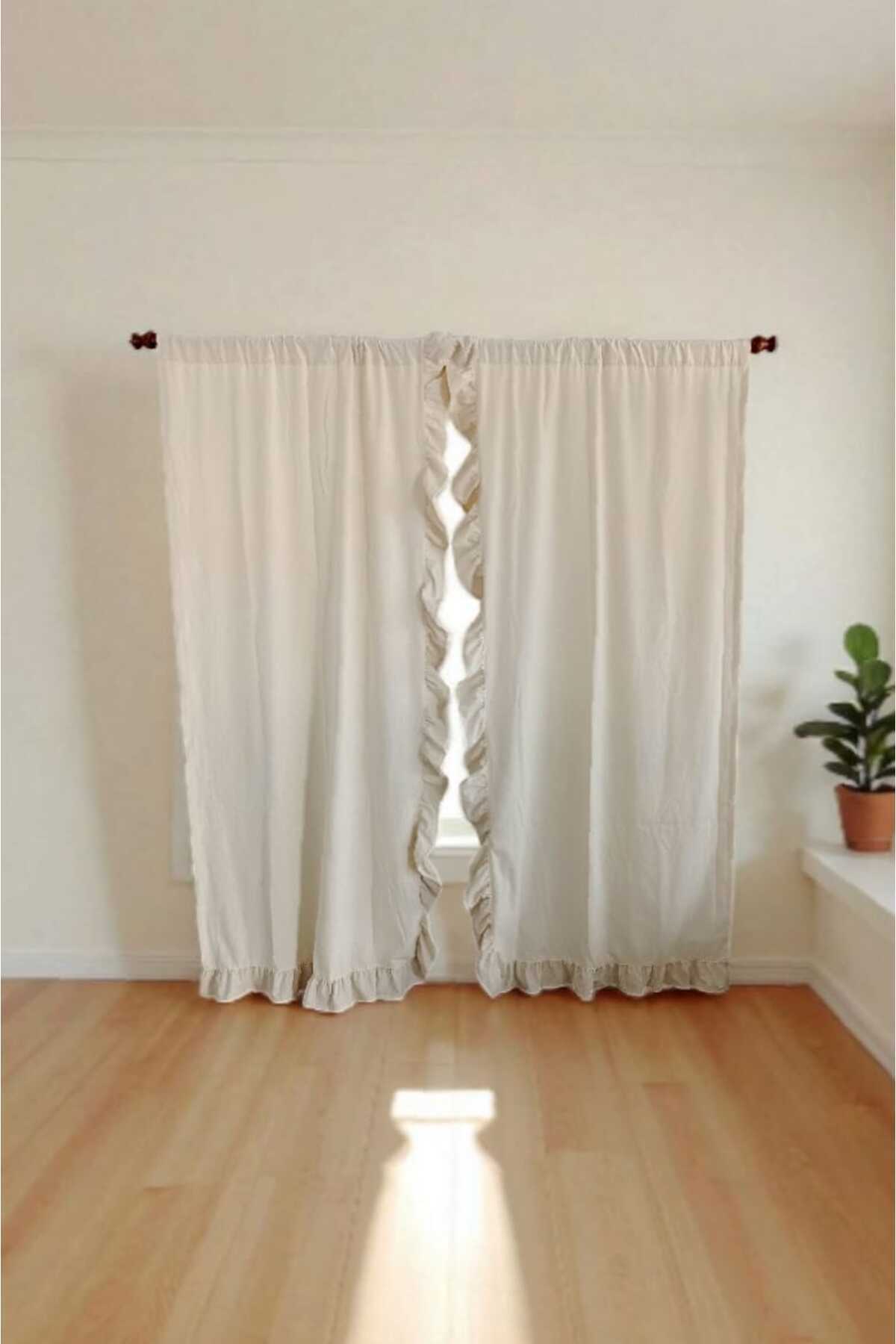 2 kenar Fırfırlı RUSTİK BORU Bej Vintage Keten Perde - Bağcık Hediyeli - (EN X BOY)