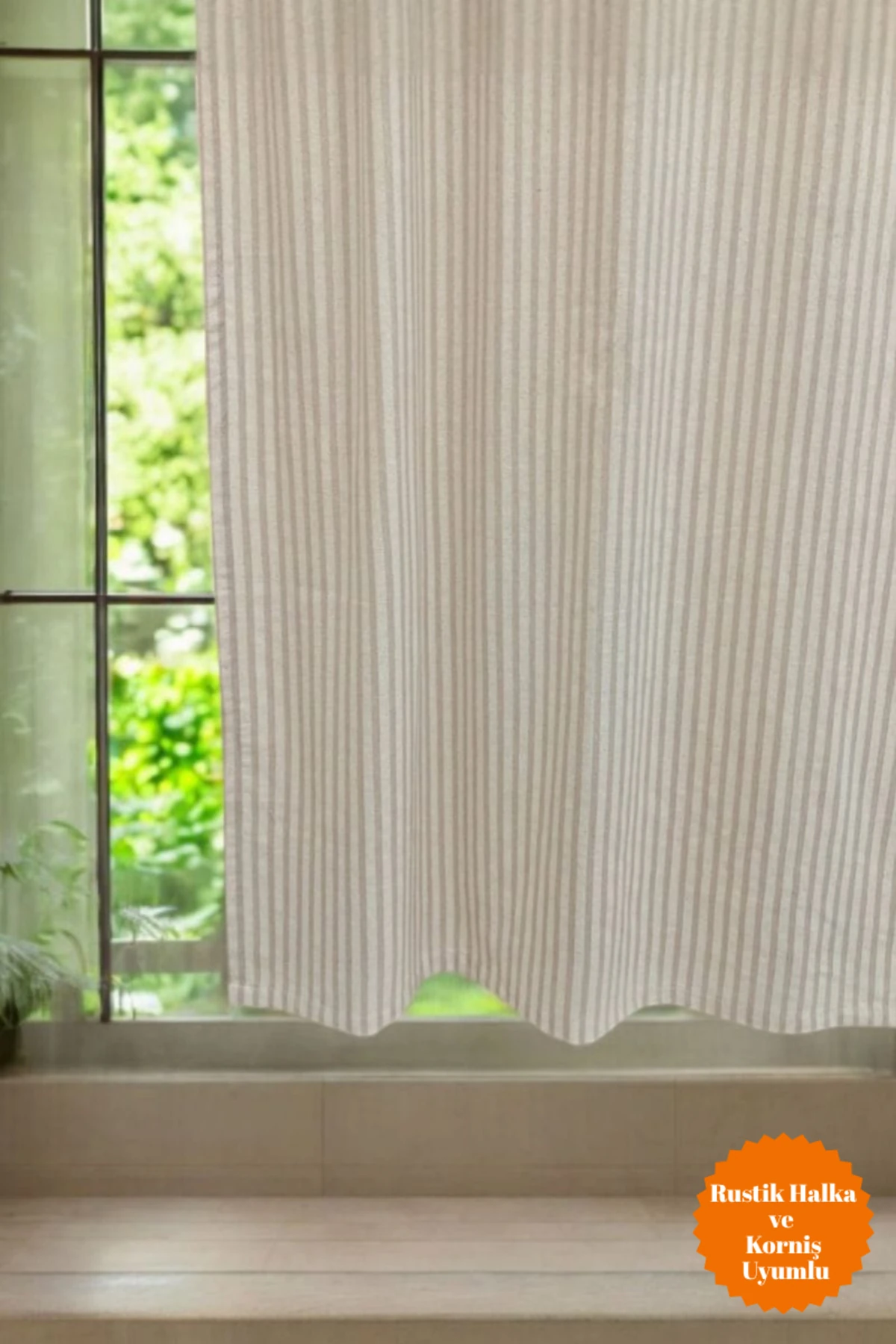 %100 Doğal Pamuk Sütlü Kahve Şerit Desenli Keten Perde (EN X BOY) - Bağcık Hediyeli