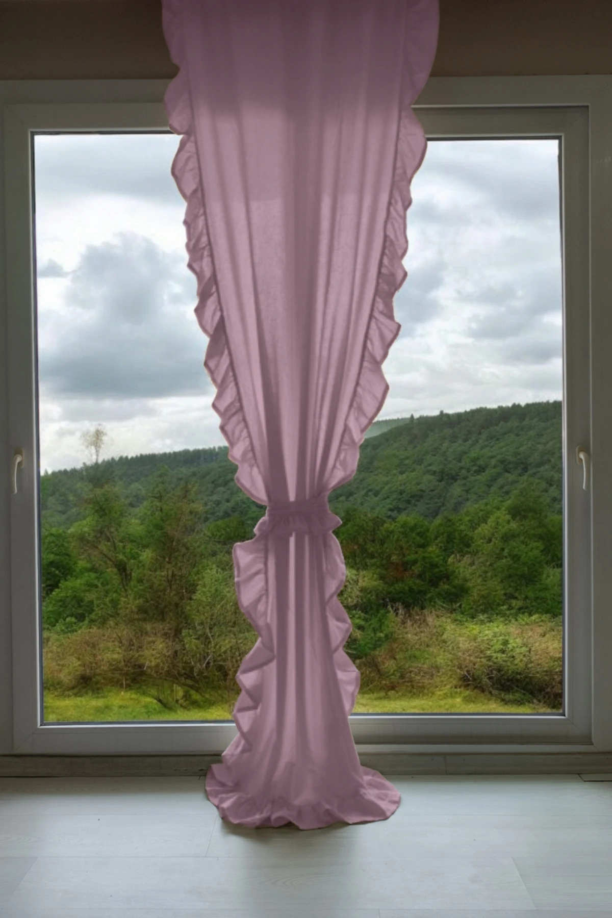 3 Kenar Fırfırlı Pembe Renk Vintage Keten Perde (EN X BOY) - Tek Kanat - Bağcık Hediyeli - Pilesiz