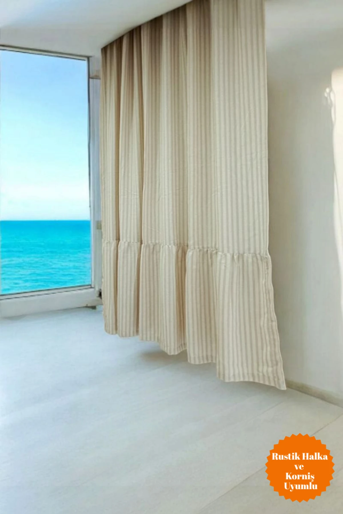 %100 Pamuk Sütlü Kahve Şeritli Etek Ucu Fırfırlı Keten Perde (EN X BOY) - Tek Kanat