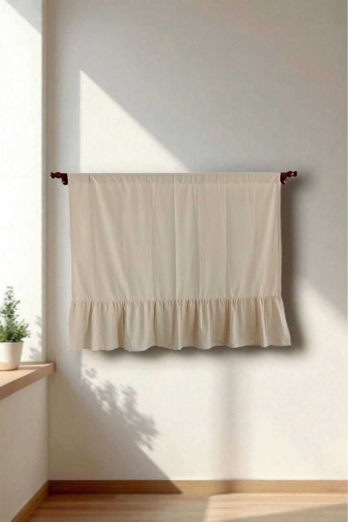 Etekucu Fırfırlı RUSTİK BORU Bej Vintage Keten Perde - Bağcık Hediyeli - (EN X BOY)