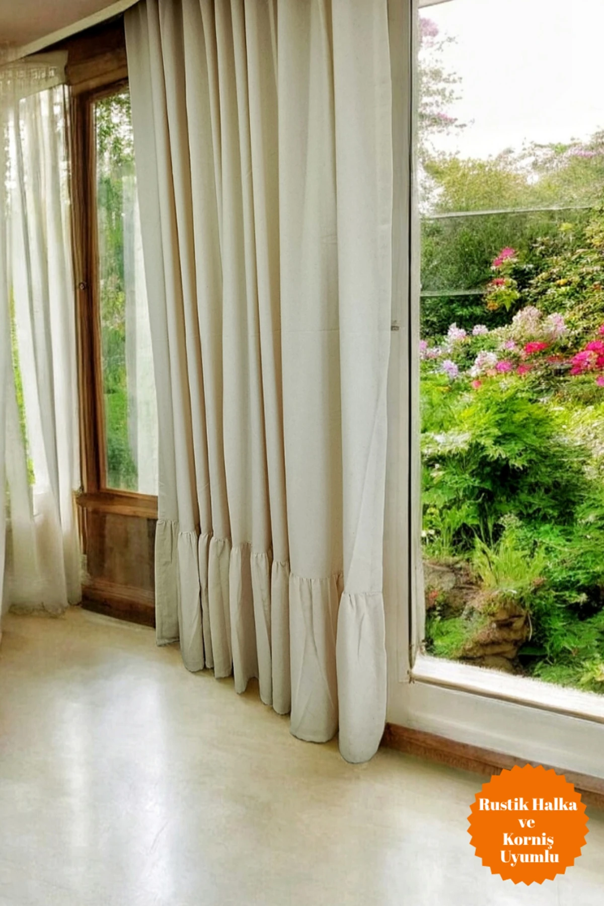 %100 Pamuk Düz Bej Etek Ucu Fırfırlı Keten Perde (EN X BOY) - Tek Kanat