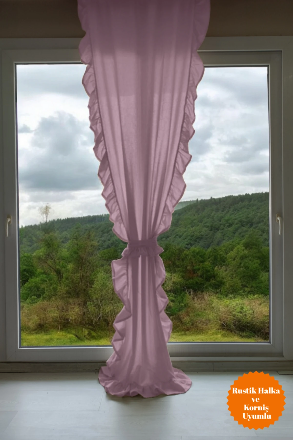 3 Kenar Fırfırlı Pembe Renk Vintage Keten Perde (EN X BOY) - Tek Kanat - Bağcık Hediyeli - Pilesiz