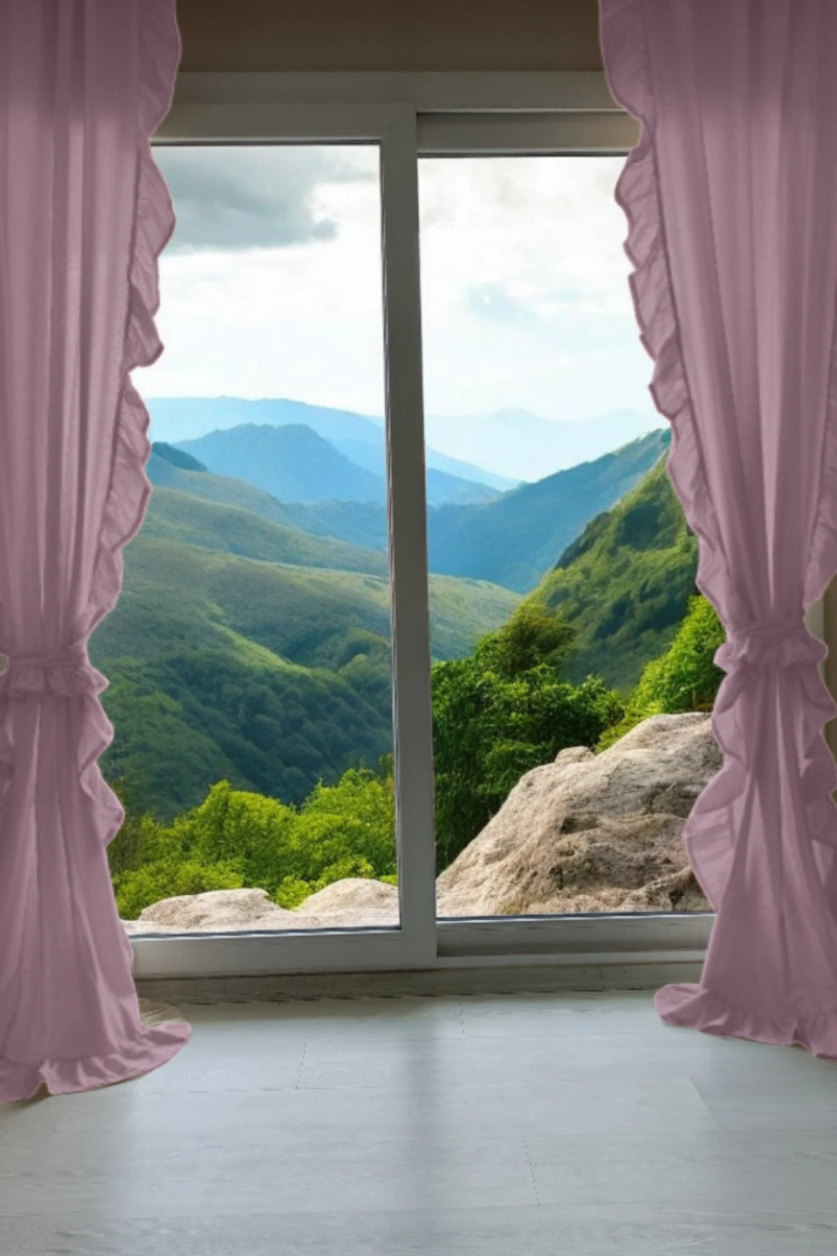 3 Kenar Fırfırlı Pembe Renk Vintage Keten Perde (EN X BOY) - Tek Kanat - Bağcık Hediyeli - Pilesiz