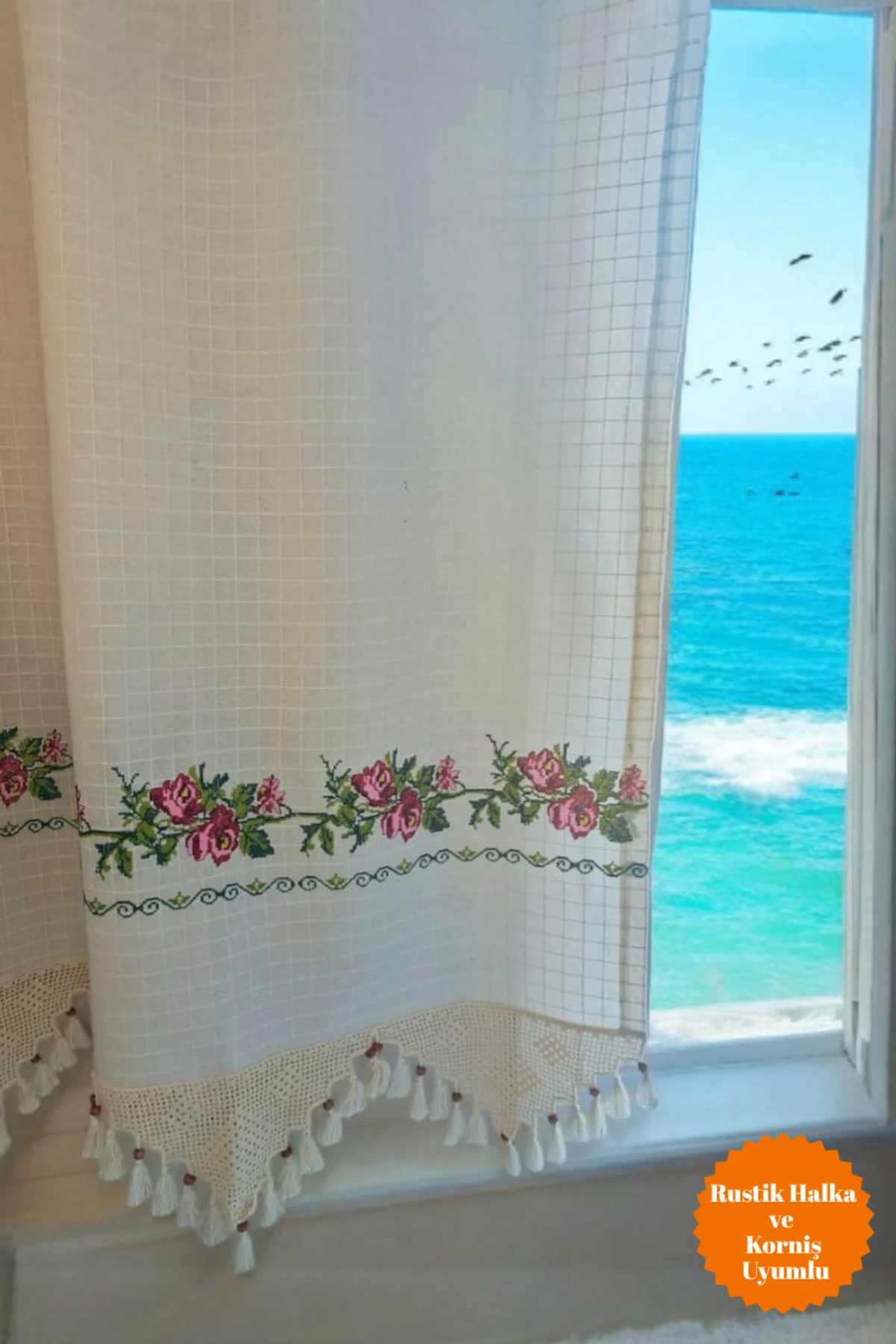 Kırmızı Kanaviçe Işlemeli Otantik Bodrum Işi Monika Perde (EN X BOY) - Pilesiz