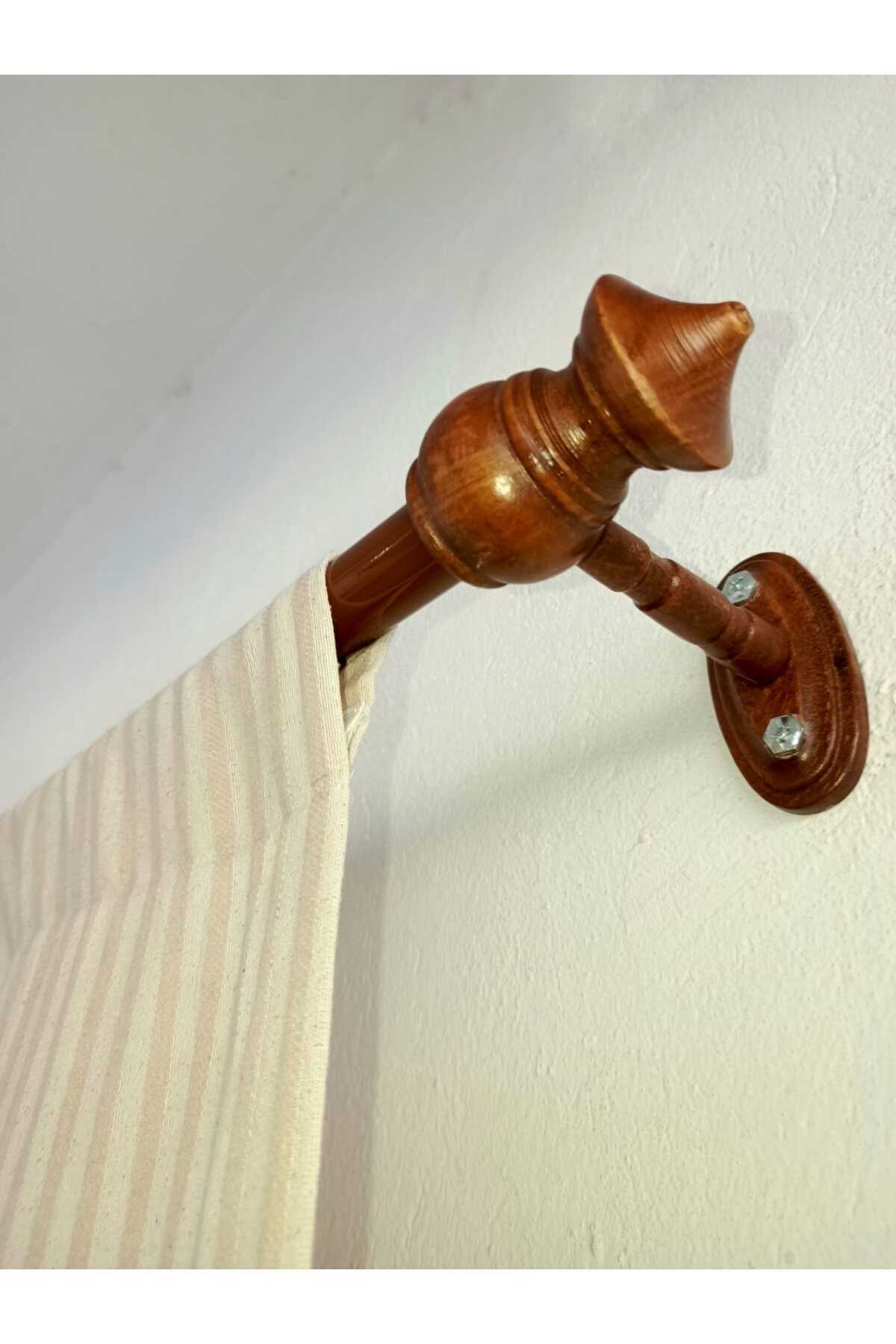 Etekucu Fırfırlı RUSTİK BORU Sütlü Kahve Şeritli Vintage Keten Perde - Bağcık Hediyeli - (EN X BOY)