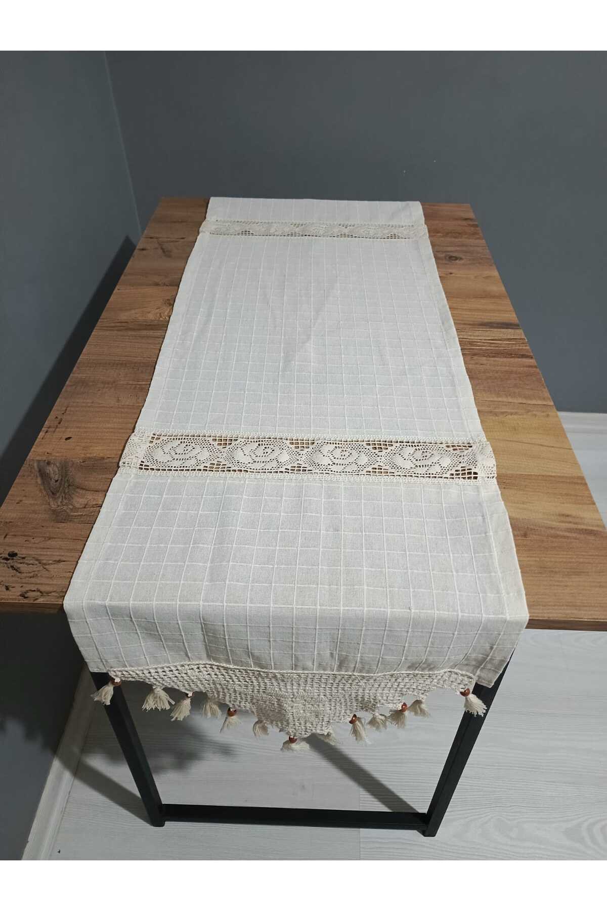 2 Kenar El Dantel ve 2 Ara Gül Monika Runner 50x150